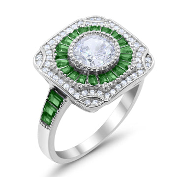 Antique Style Engagement Ring Baguette Green Emerald CZ 925 Sterling Silver
